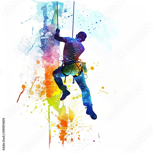 watercolor artwork shows a climber ascending a vividly colored cliff, with splashes of paint emphasizing motion and intensity against a white backdrop.