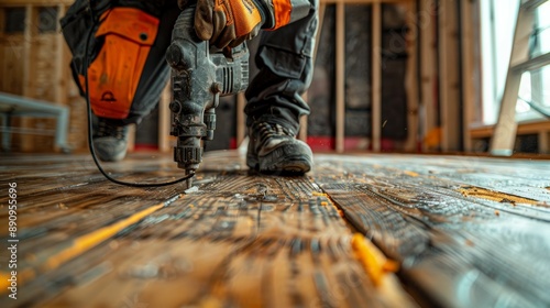 A close-up of a technician using a nail gun to secure loose floorboards, fixing squeaky areas