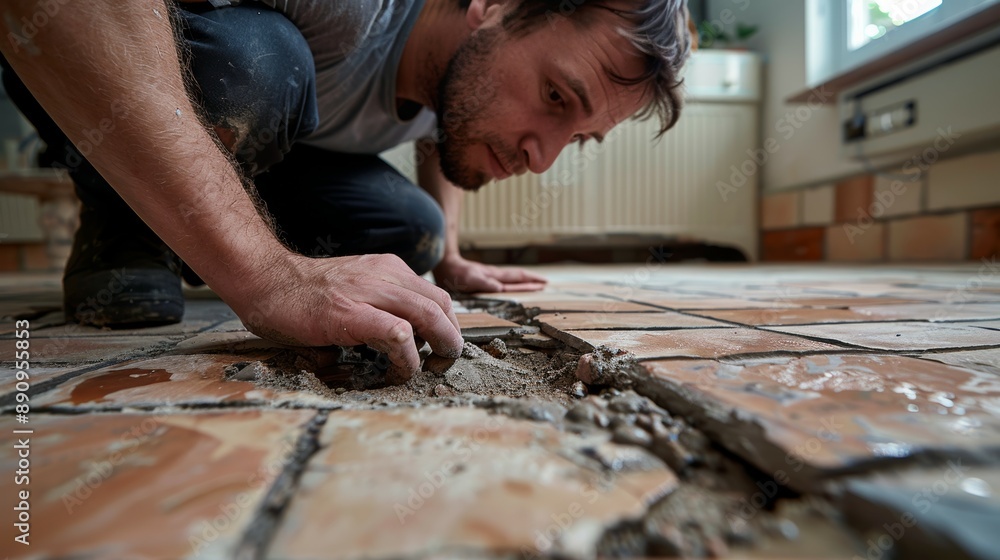 A homeowner inspecting a repaired section of a tiled floor, noting the precise matching of new tiles with the old ones A homeowner inspecting a repaired section of a tiled floor, noting the precise matching of new tiles with the old ones