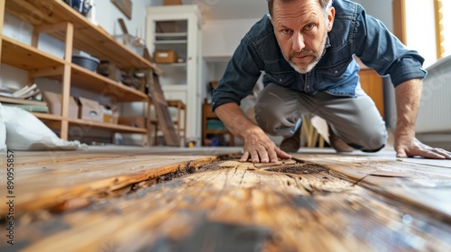 A homeowner inspecting the results of a repaired squeaky floor, noting the improved stability and quiet