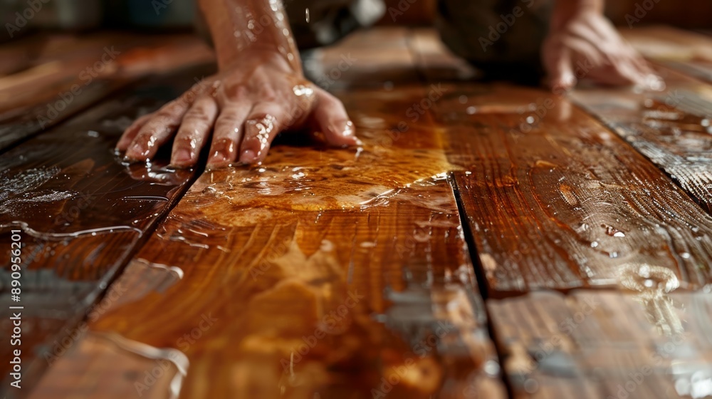 Close-up of hands applying wood bleach to remove dark water stains from a hardwood floor Close-up of hands applying wood bleach to remove dark water stains from a hardwood floor