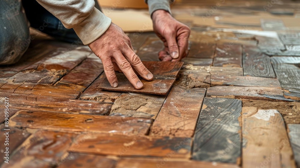 Close-up of hands carefully removing a damaged parquet flooring tile for replacement Close-up of hands carefully removing a damaged parquet flooring tile for replacement