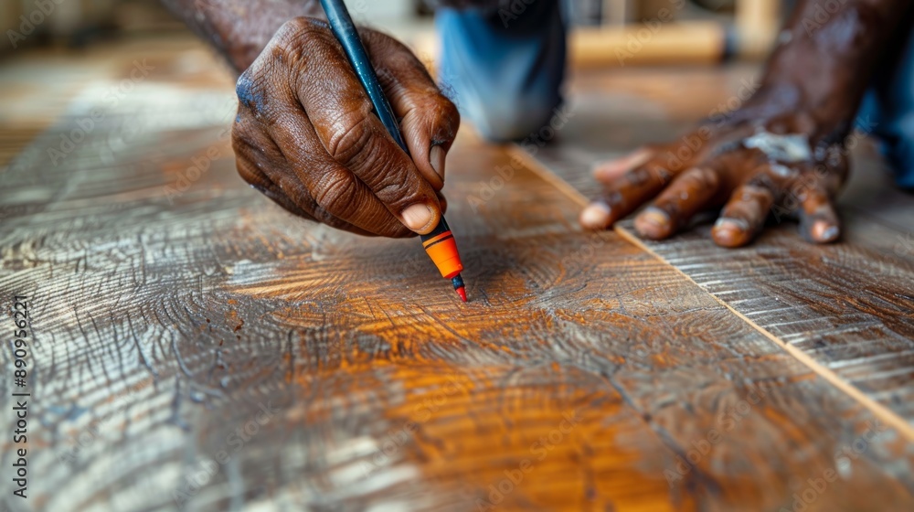 Close-up of hands using a color-matched markers and fill sticks to touch up minor floor scratches Close-up of hands using a color-matched markers and fill sticks to touch up minor floor scratches