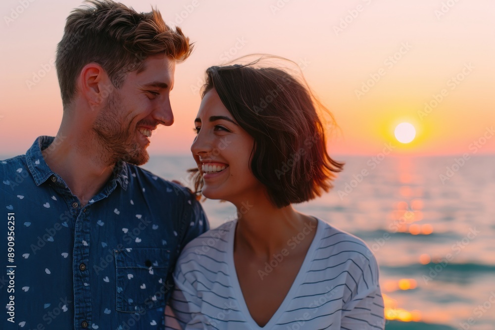 Smiling Couple Enjoying Sunset on Beach. Smiling Couple Enjoying Sunset on Beach.