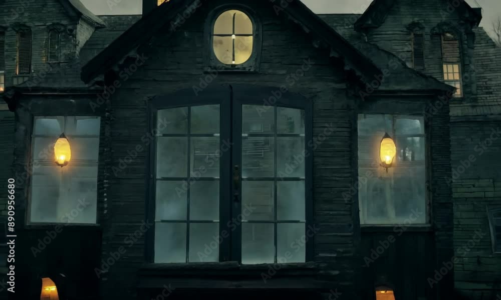 Halloween haunted house with flickering lights in the windows and ghostly figures peering out. Video Halloween haunted house with flickering lights in the windows and ghostly figures peering out. Video