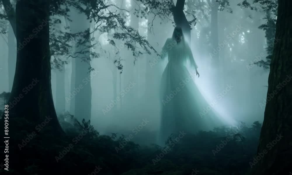 A ghostly figure is walking through a forest. Scene is eerie and mysterious Video A ghostly figure is walking through a forest. Scene is eerie and mysterious Video