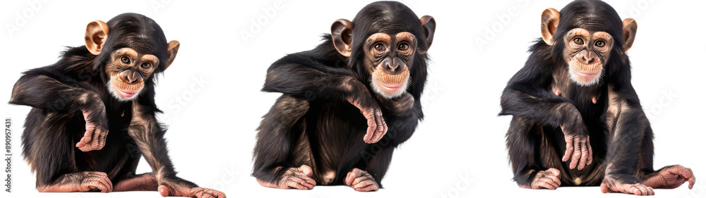 Three Young Chimpanzees Sitting on White Background Three Young Chimpanzees Sitting on White Background