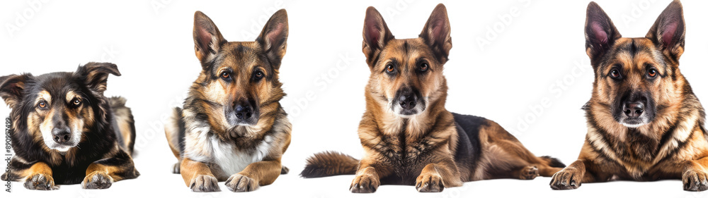 Four German Shepherd Dogs Posing For A Photo On A White Background Four German Shepherd Dogs Posing For A Photo On A White Background