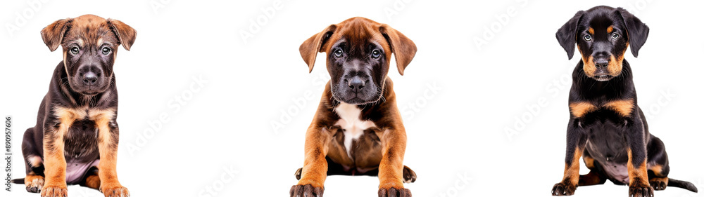Three Brown And Black Puppies Sit On White Background Three Brown And Black Puppies Sit On White Background