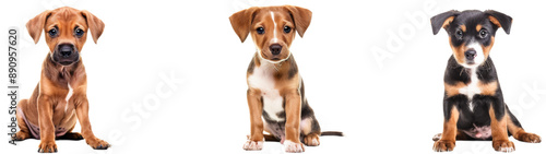 Three Brown And White Puppies Sitting Against A White Background