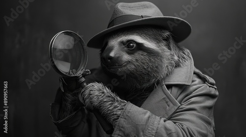 A cute sloth dressed as a detective holds a magnifying glass, investigating with a focused expression in a noir-style black and white setting. photo