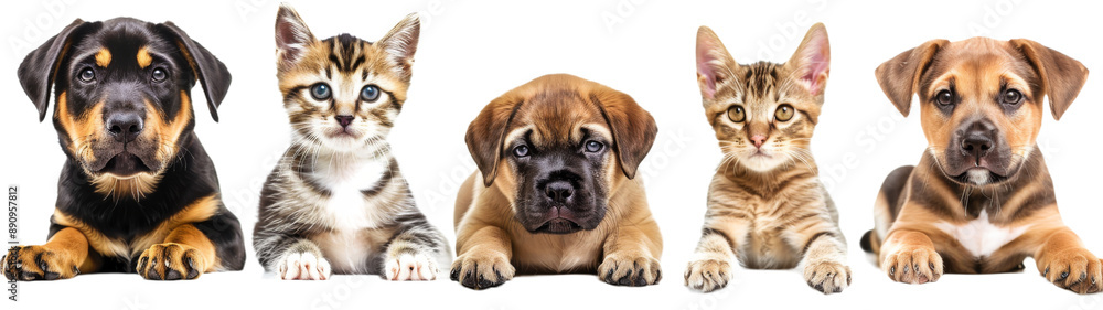 Five Young Puppies and Kittens Posing Together for a Portrait Five Young Puppies and Kittens Posing Together for a Portrait