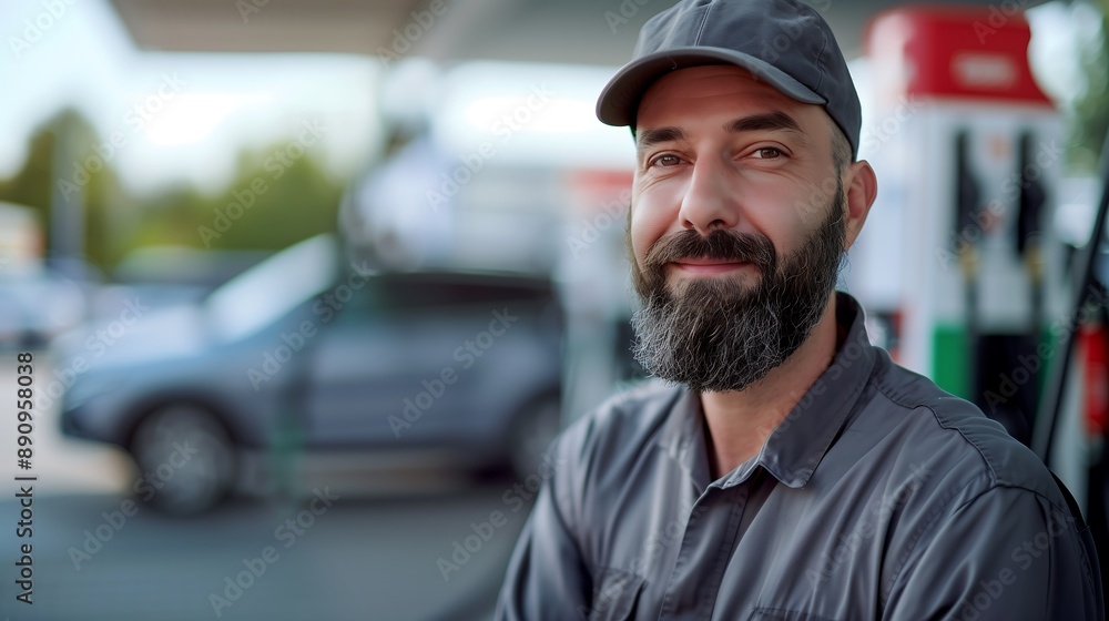 A man with a beard, wearing a cap and a grey shirt, is smiling at the camera at a gas station. He is standing in front of a pump and a car. A man with a beard, wearing a cap and a grey shirt, is smiling at the camera at a gas station. He is standing in front of a pump and a car.
