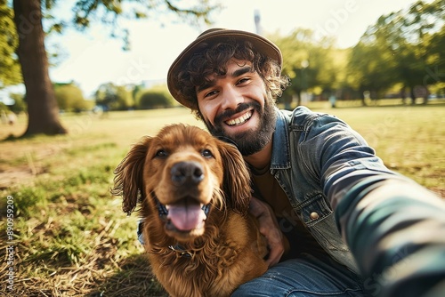 Young happy man taking selfie with his dog in a park - Smiling guy and puppy having fun together outdoor - Friendship and love between humans and animals, Generative AI © Art Gallery