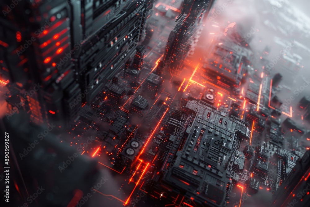 Aerial view of a city with skyscrapers and streets lit up at night, ideal for use in travel or urban planning projects