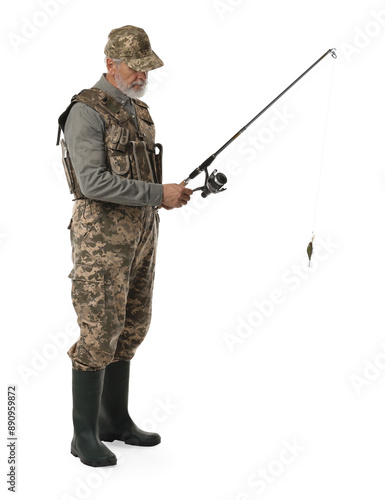 Fisherman with fishing rod on white background