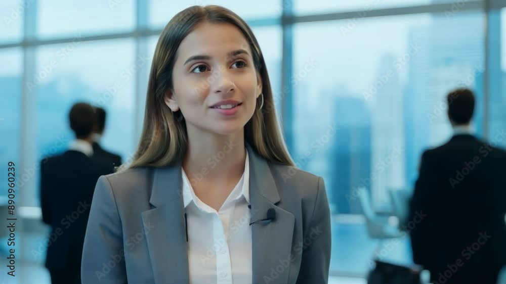 Businesspeople gathered in the company foyer, with attention on the young woman expressing ideas while seated. Businesspeople gathered in the company foyer, with attention on the young woman expressing ideas while seated.