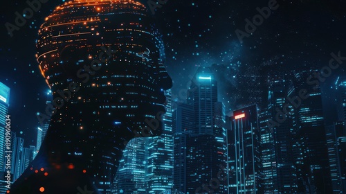 Digital Silhouette of a Person Over a Night Cityscape