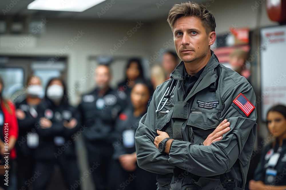 First Responder Standing With Arms Crossed in Front of a Group of People First Responder Standing With Arms Crossed in Front of a Group of People