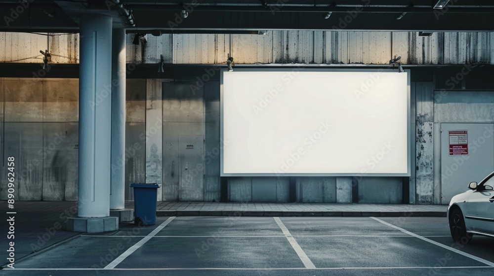 Empty billboard in an urban parking garage: concrete walls, marked spaces, and a lone car create an eerie, abandoned atmosphere ripe for advertising. Empty billboard in an urban parking garage: concrete walls, marked spaces, and a lone car create an eerie, abandoned atmosphere ripe for advertising.