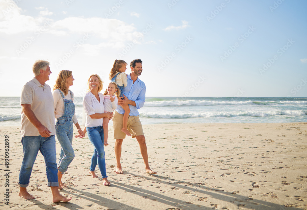 Travel, happy and big family walking on beach on summer vacation, journey and getaway for bonding on spring break. Grandparents, parents and children by ocean water with love, adventure and wellness. Travel, happy and big family walking on beach on summer vacation, journey and getaway for bonding on spring break. Grandparents, parents and children by ocean water with love, adventure and wellness.