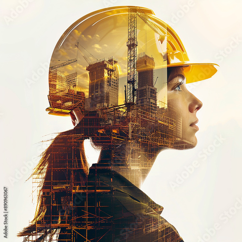 young woman in a yellow construction helmet against the background of construction workshop