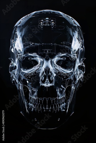 frontall picture xray skull like a biometric screen, hyperrealistic, sci-fi, detailed, black background,  photo