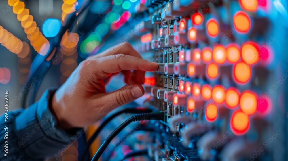 A person troubleshooting a network switch with multiple Ethernet cables connected, featuring numerous indicator lights. A person troubleshooting a network switch with multiple Ethernet cables connected, featuring numerous indicator lights.