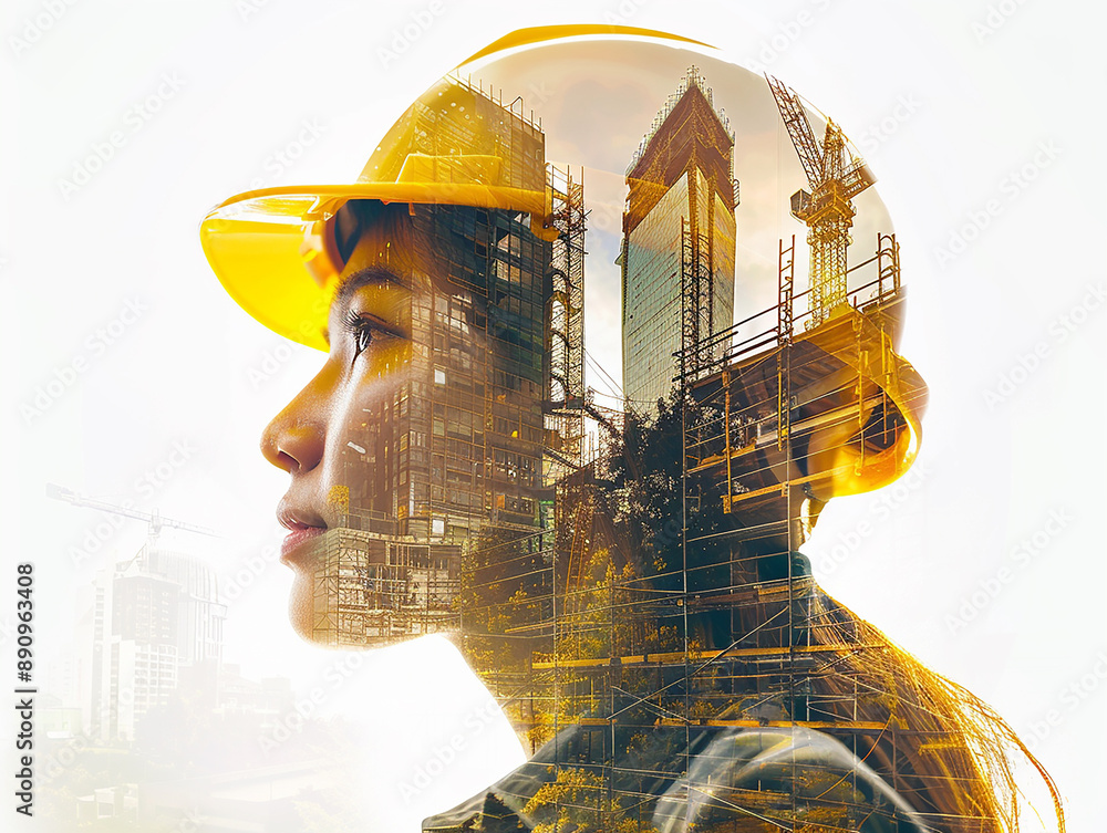 young woman in a yellow construction helmet against the background of construction workshop young woman in a yellow construction helmet against the background of construction workshop