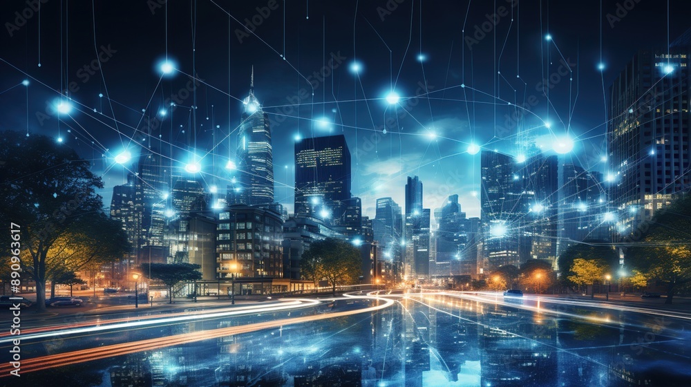 Cityscape at Night with Digital Network Overlay Cityscape at Night with Digital Network Overlay