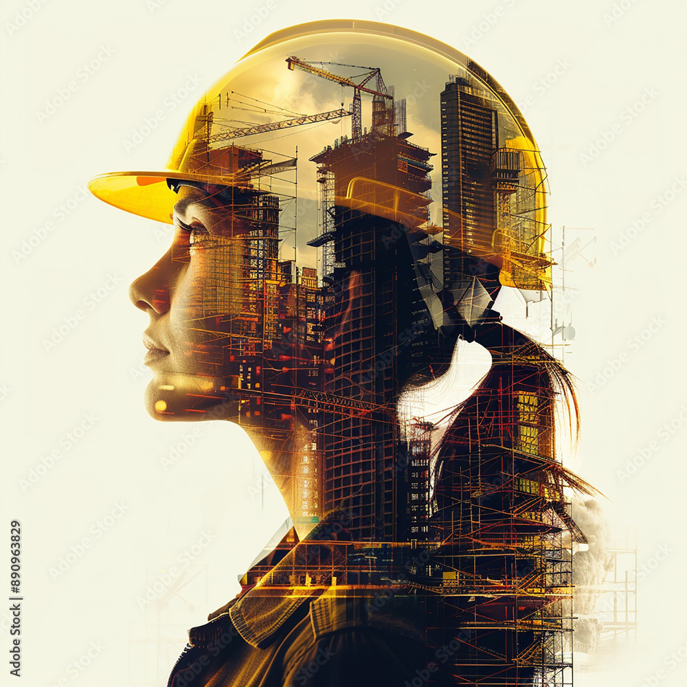 young woman in a yellow construction helmet against the background of construction workshop young woman in a yellow construction helmet against the background of construction workshop