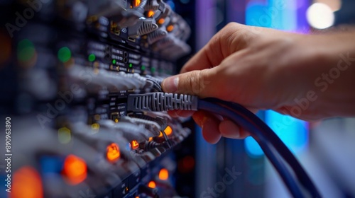 Close-up of a hand plugging an Internet LAN cable into a network switch.