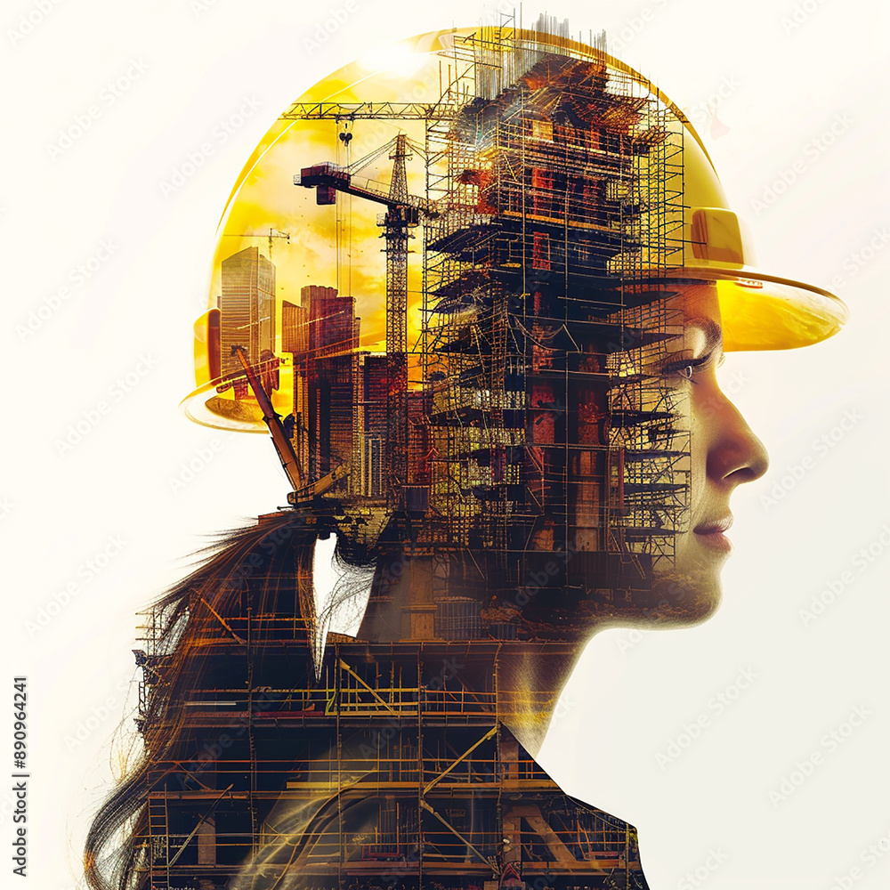 young woman in a yellow construction helmet against the background of construction workshop young woman in a yellow construction helmet against the background of construction workshop