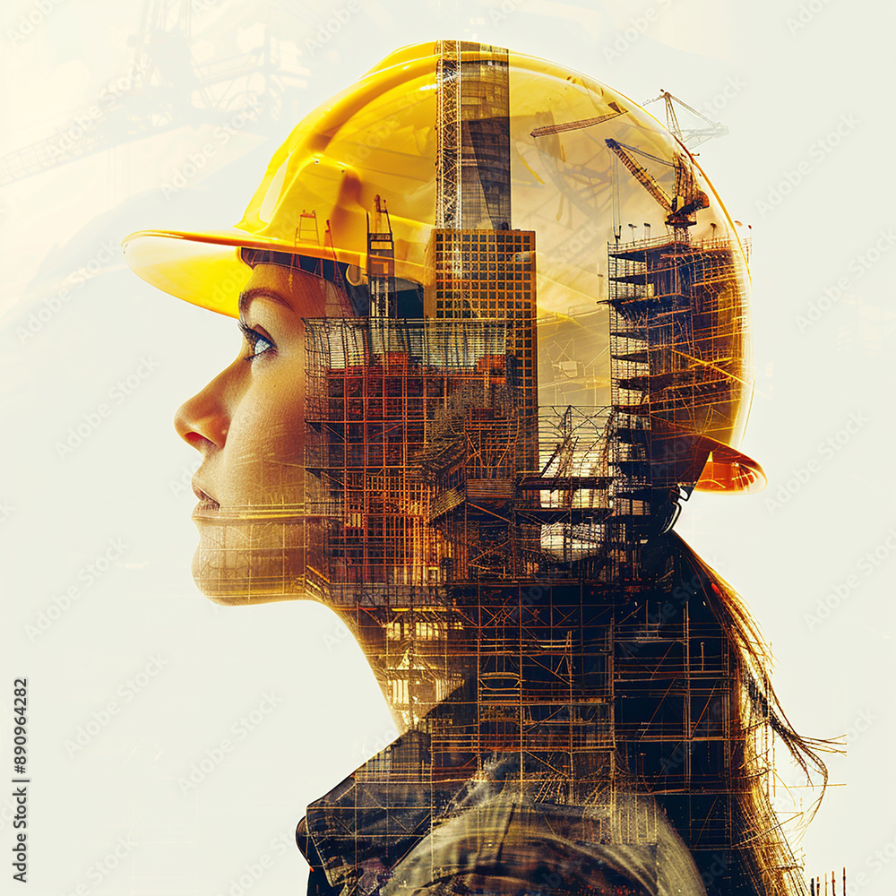 young woman in a yellow construction helmet against the background of construction workshop young woman in a yellow construction helmet against the background of construction workshop