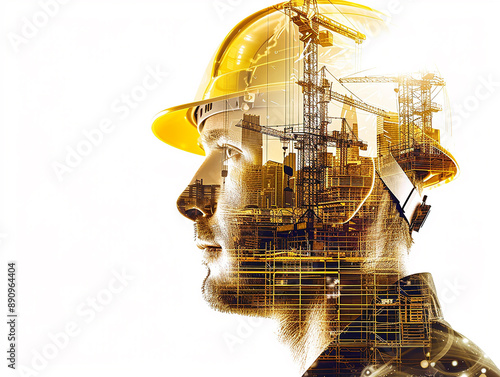young woman in a yellow construction helmet against the background of construction workshop
