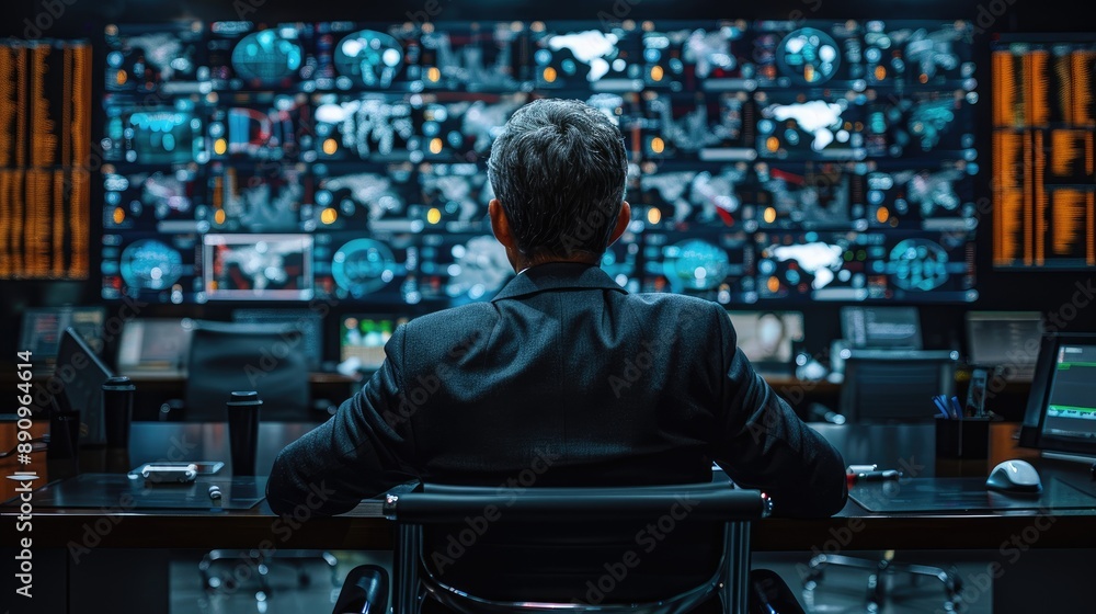 Businessman analyzing data at a control center with multiple screens displaying various charts and graphs. Concept of data analysis and technology. Businessman analyzing data at a control center with multiple screens displaying various charts and graphs. Concept of data analysis and technology.