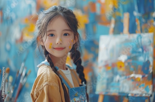 An Asian girl is painting with acrylic paint on an easel. The background of her desk is a variety of art supplies such as brushes, palette knives, watercolor palettes and other items. © SHI