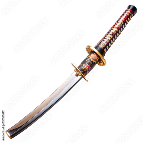 A Japanese sword with a black and red scabbard