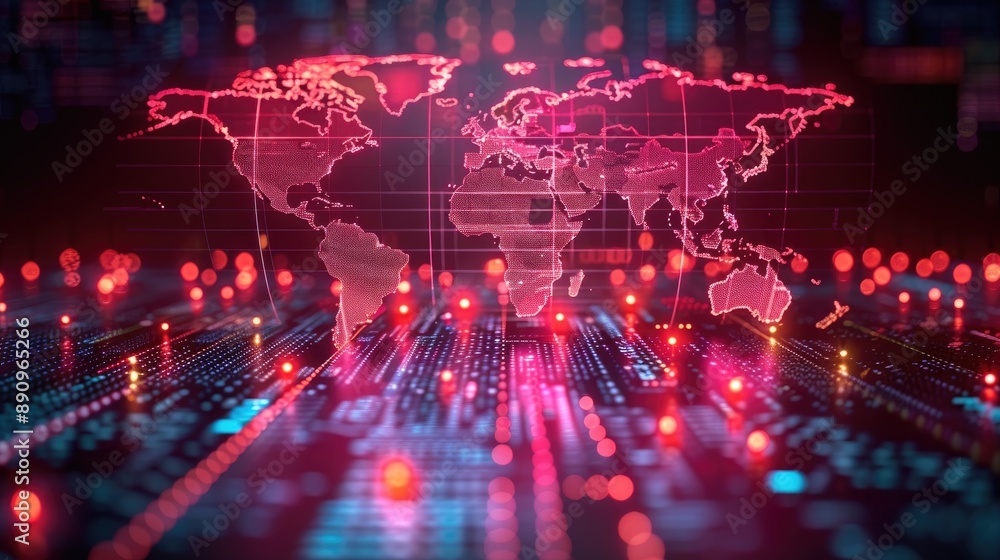 Futuristic digital world map with glowing red lights, representing global connections and technology in a high-tech environment. Futuristic digital world map with glowing red lights, representing global connections and technology in a high-tech environment.