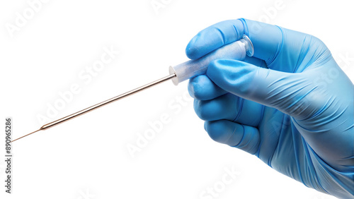 A gloved hand holding a metal medical tool