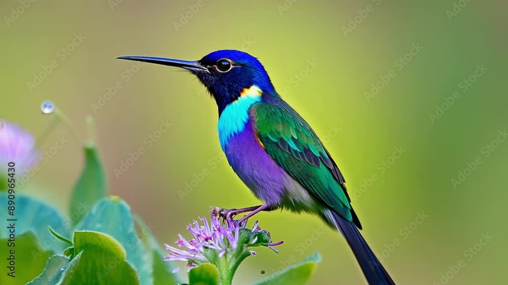 A closeup of a vibrant hummingbird sipping nectar from a delicate flower surrounded by lush greenery that provides a lush backdrop for its iridescent feathers.
