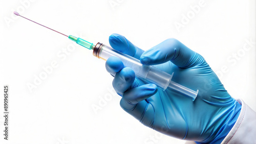 A gloved hand holds a syringe with the needle poin