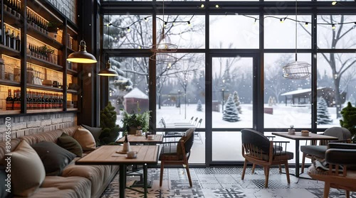 Cozy room with a window revealing a serene winter landscape, featuring warm and inviting interior decor contrasted with the chilly,  Seamless looping 4k time-lapse virtual video animation Generated AI photo