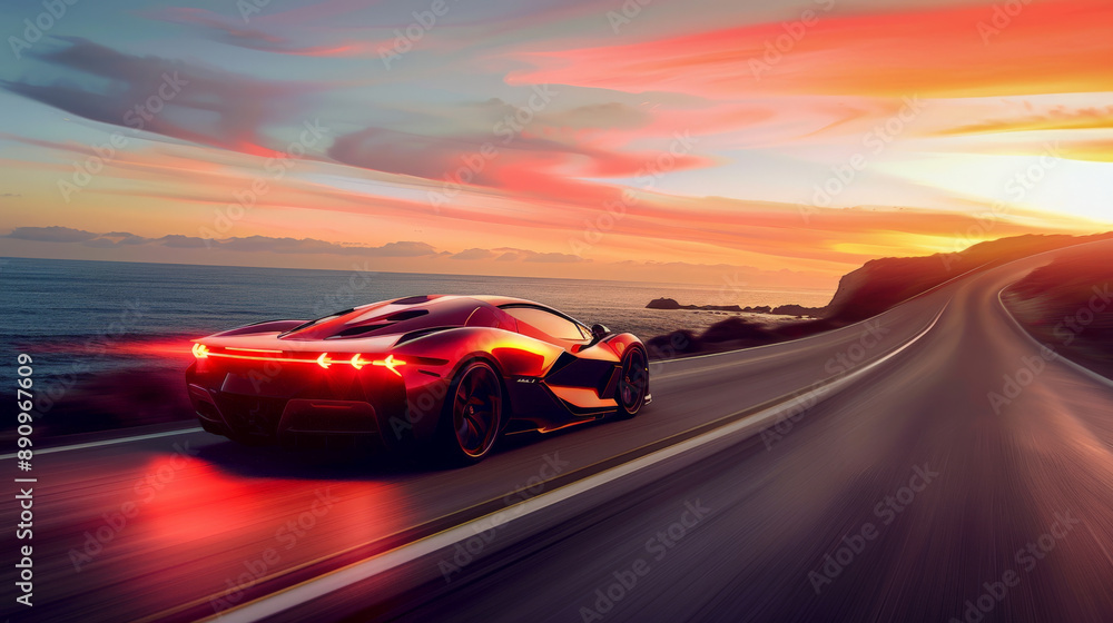 Fototapeta premium Sleek sports car speeding on a coastal highway at sunset