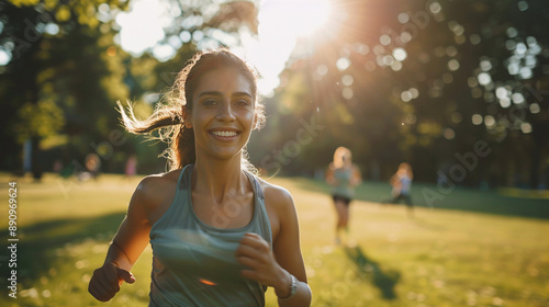 Woman running jogging in the forest or park
 photo