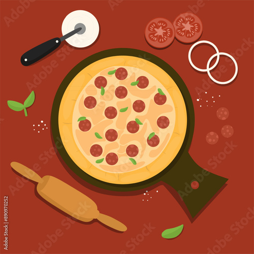 Pepperoni pizza in a pan menu design vector illustration 