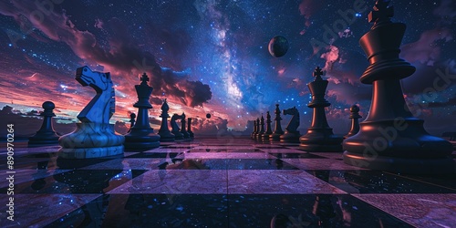 Gigantic chessboard floating in space with chess pieces represented by various planets and spaceships against a starry sky.combines the elements of strategy, space exploration,and cosmic beauty. AI