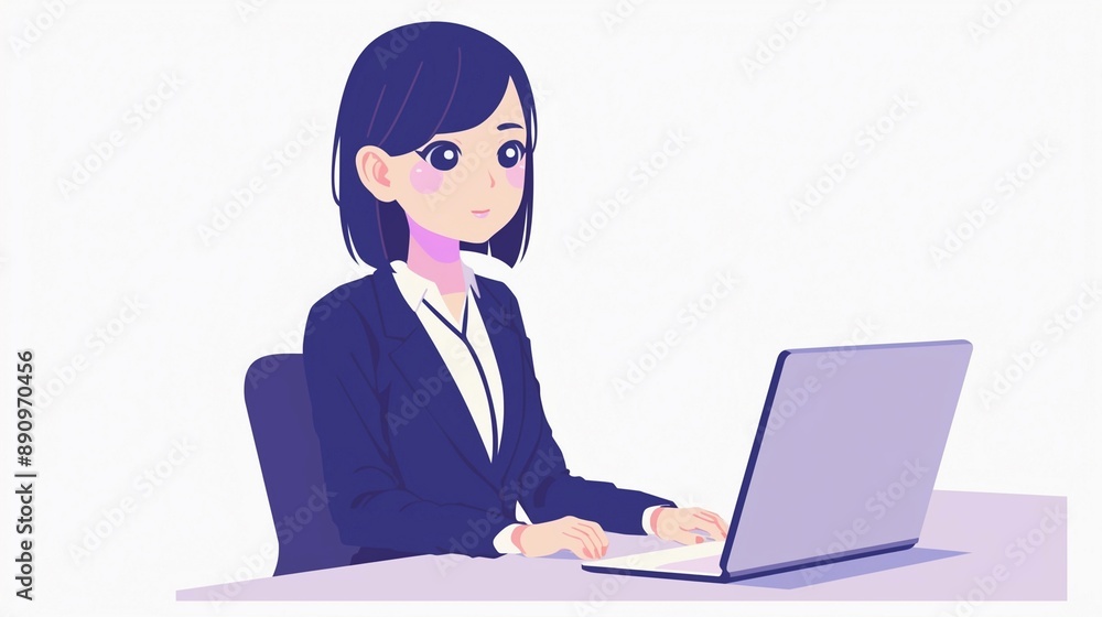 デスクワークしているビジネスウーマン、イラストイメージ11 デスクワークしているビジネスウーマン、イラストイメージ11