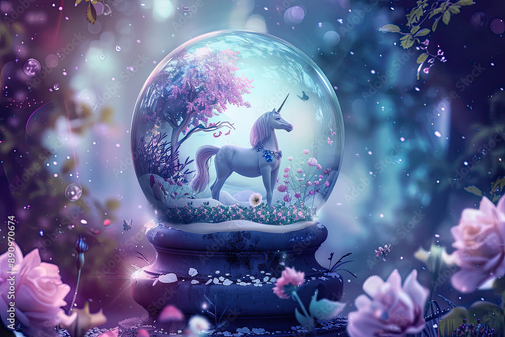 Fototapeta premium Enchanted Unicorn Snow Globe Illustration