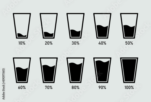 Water glass icon set in black color. Set of 10% to 100% glass of water flat icon set. Black color, outline and fill. Vector illustration.